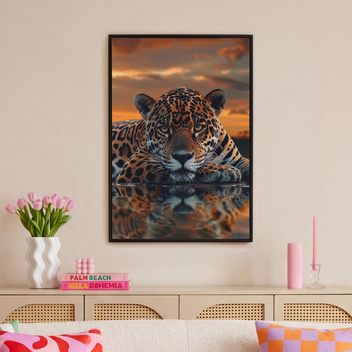 LEINWAND Bilder mit Rahmen - Natur - Leopard - Tier - Sonnenuntergang - Modern - 60x90 - Orange, Textil (60/90cm) - MuchoWow