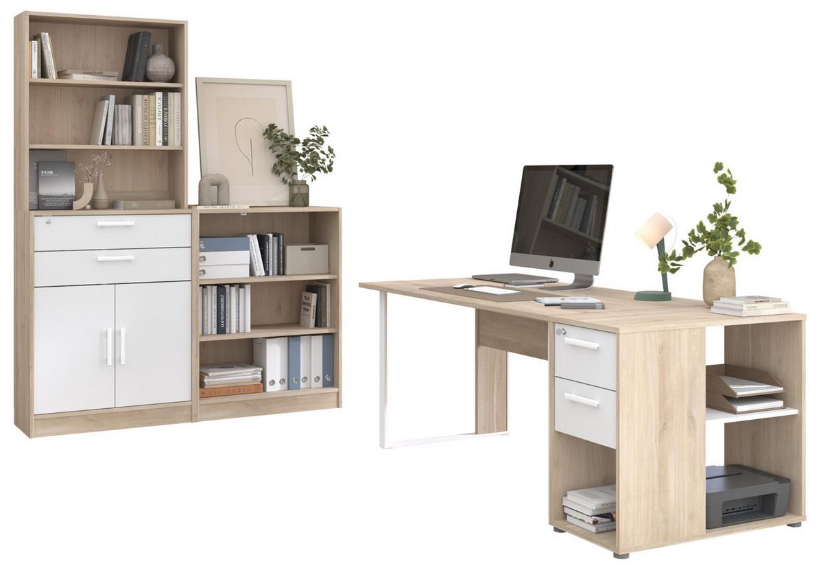 BÜROMÖBEL-SET Eiche, weiß, Kombination mit Schreibtisch, Container und Stauraumregal - Eichefarben/Schwarz, Holzwerkstoff/Kunststoff (80/150/104cm) - Parisot Meuble