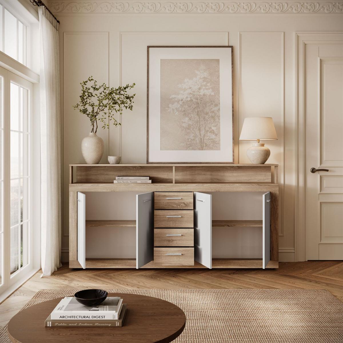 KOMMODE ROMANO mit Schubladen - Weiß/Sonoma Eiche, Holzwerkstoff (190/96/32cm) - Lookway