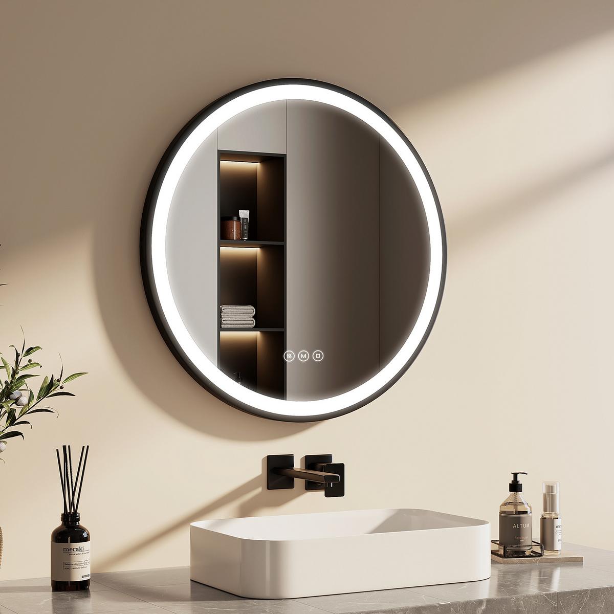 BADSPIEGEL mit Touch-Schalter Beleuchtung mit Hängeriemen Schwarz Ø 70 cm - Schwarz, Glas (70/70/3.5cm) - EMKE