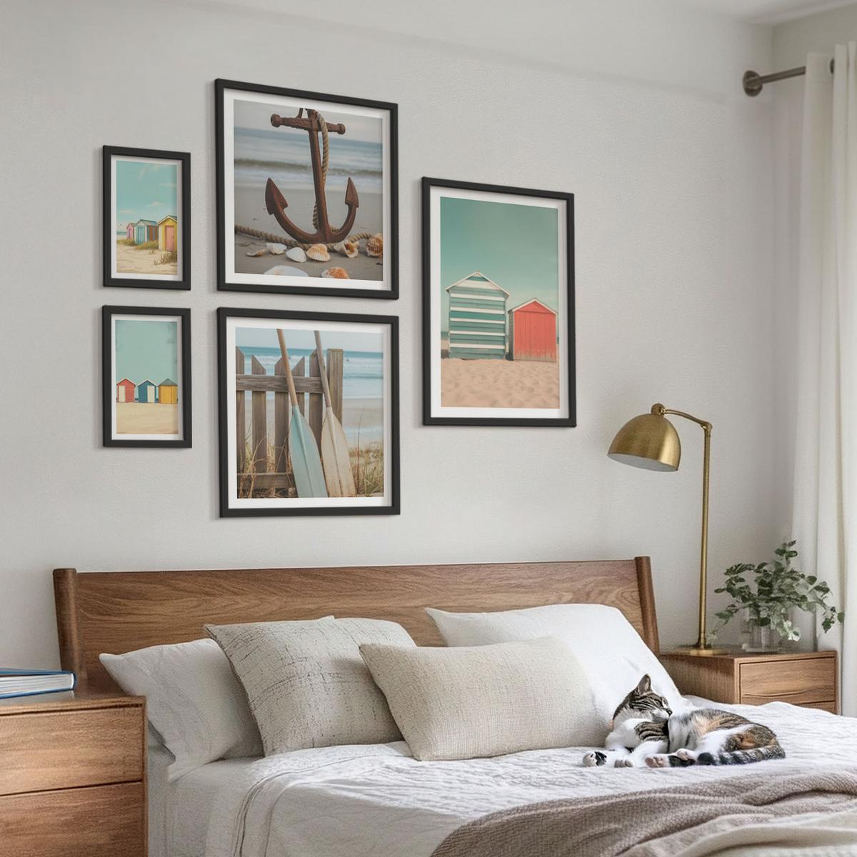 BILDER SET 5er Set - 50x50 cm & 20x30 cm & 40x60 cm Schwarzer Rahmen - Bunte Häuser, Strand, Sonne - Schwarz, Kunststoff (40/60cm) - TULUP