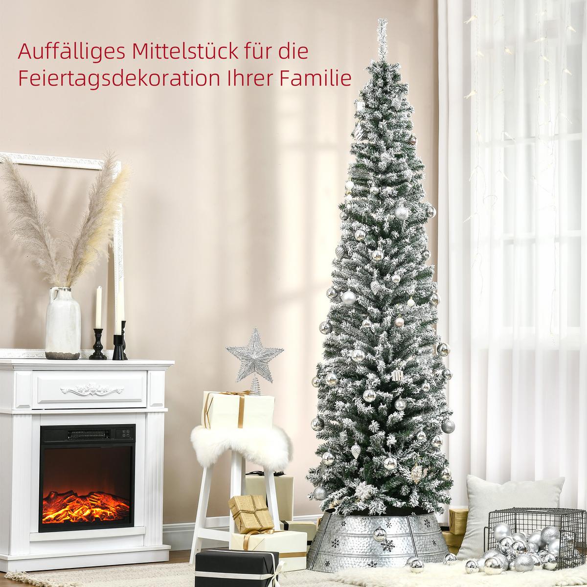 KÜNSTLICHER-WEIHNACHTSBAUM, 225 cm Bleistift Kiefernbaum mit Schnee 738 Spitzen - Grün, Kunststoff (225cm) - HOMCOM