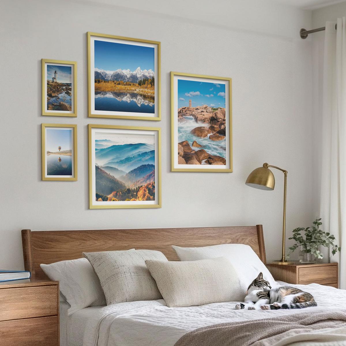 BILDER SET 5er Set - 50x50 cm & 20x30 cm & 40x60 cm Goldrahmen - Ausblicke auf die Natur, Leuchtturm, Berge - Goldfarben, Kunststoff (40/60cm) - TULUP