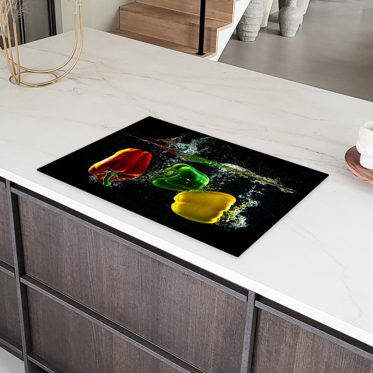 HERDABDECKPLATTE Paprika - Gemüse - Wasser - Schwarz - Rot - Grün - Gelb Induktionsschutz 81.6x52.7 cm - Multicolor, Kunststoff (81.6/52.7/0.2cm) - MuchoWow