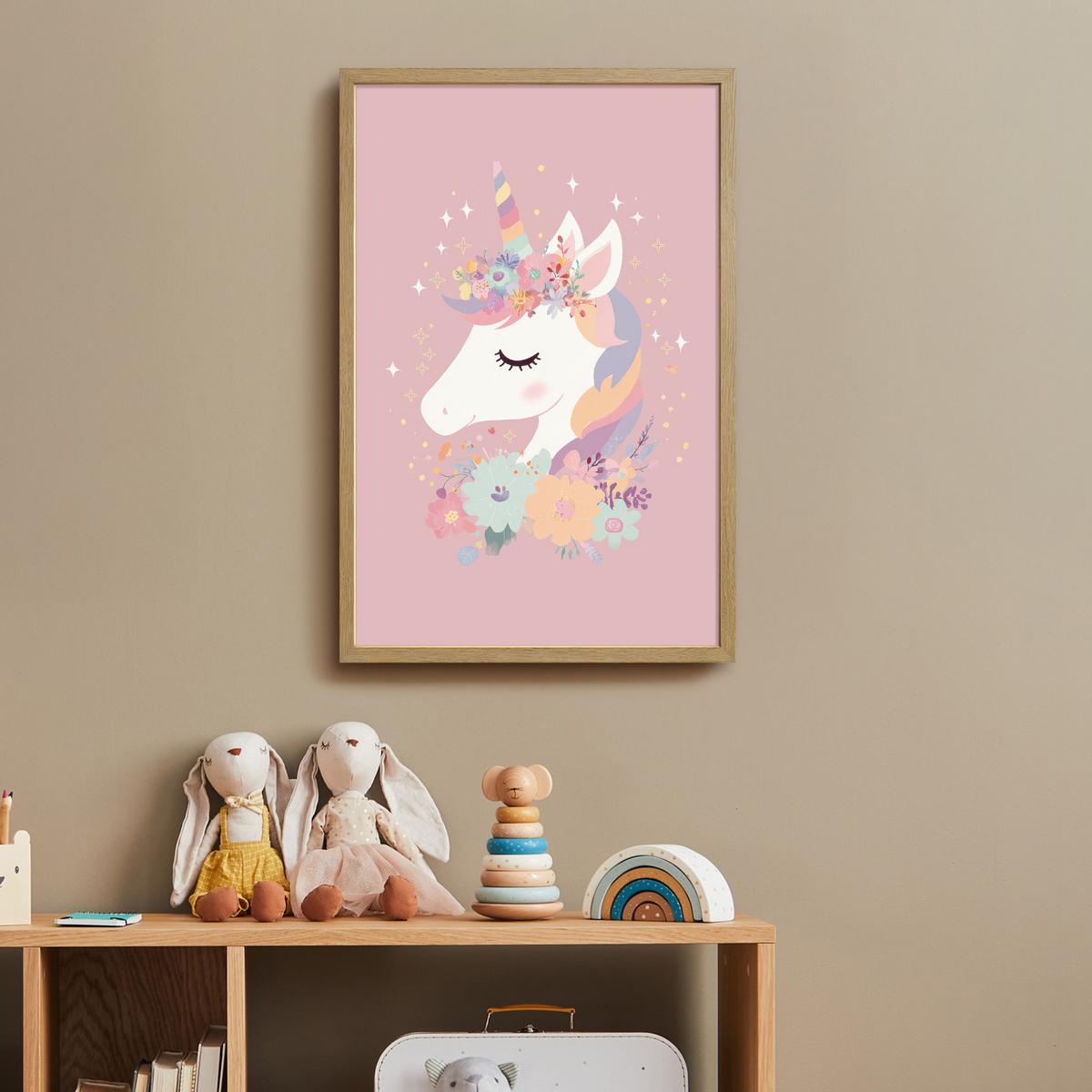 WANDLEUCHTE MIT AKKU Einhorn - Rosa - Blumen 40x60 cm - Rosa, Holzwerkstoff (40/60/8cm) - OnlyWow