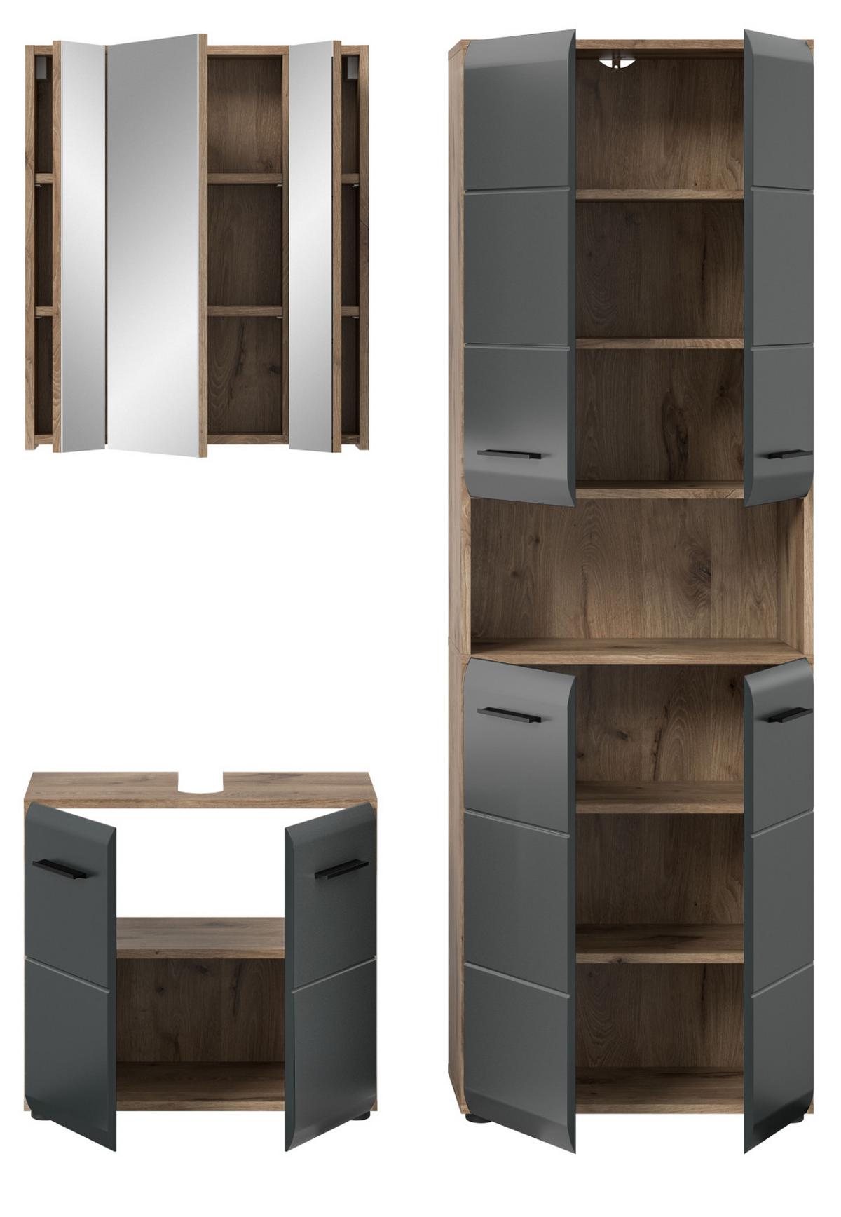 BADMÖBEL-SET 3-teilig schwarz matt, Nox Eiche inklusive Hochschrank 4-türig, 135 x 185 cm - Eichefarben/Schwarz, Glas/Holzwerkstoff (135/185/30cm) - Inn.Furn