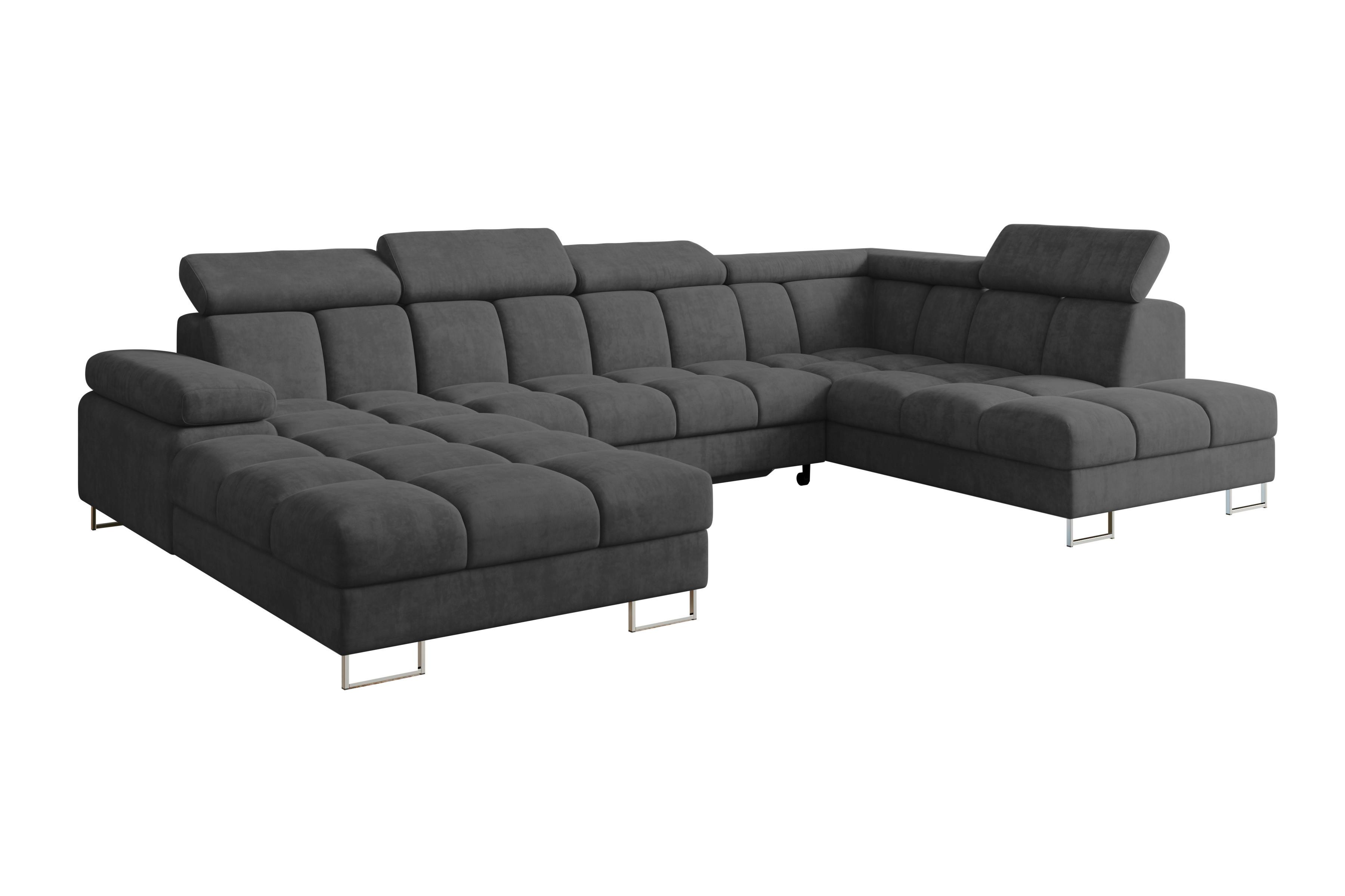 WOHNLANDSCHAFT mit Schlaffunktion und Bettkasten Ottomane RECHTS COMA U 345x203x79 Dunkelgrau Velours - Dunkelgrau, Holzwerkstoff/Textil (203/79/345cm) - ALTDECOR