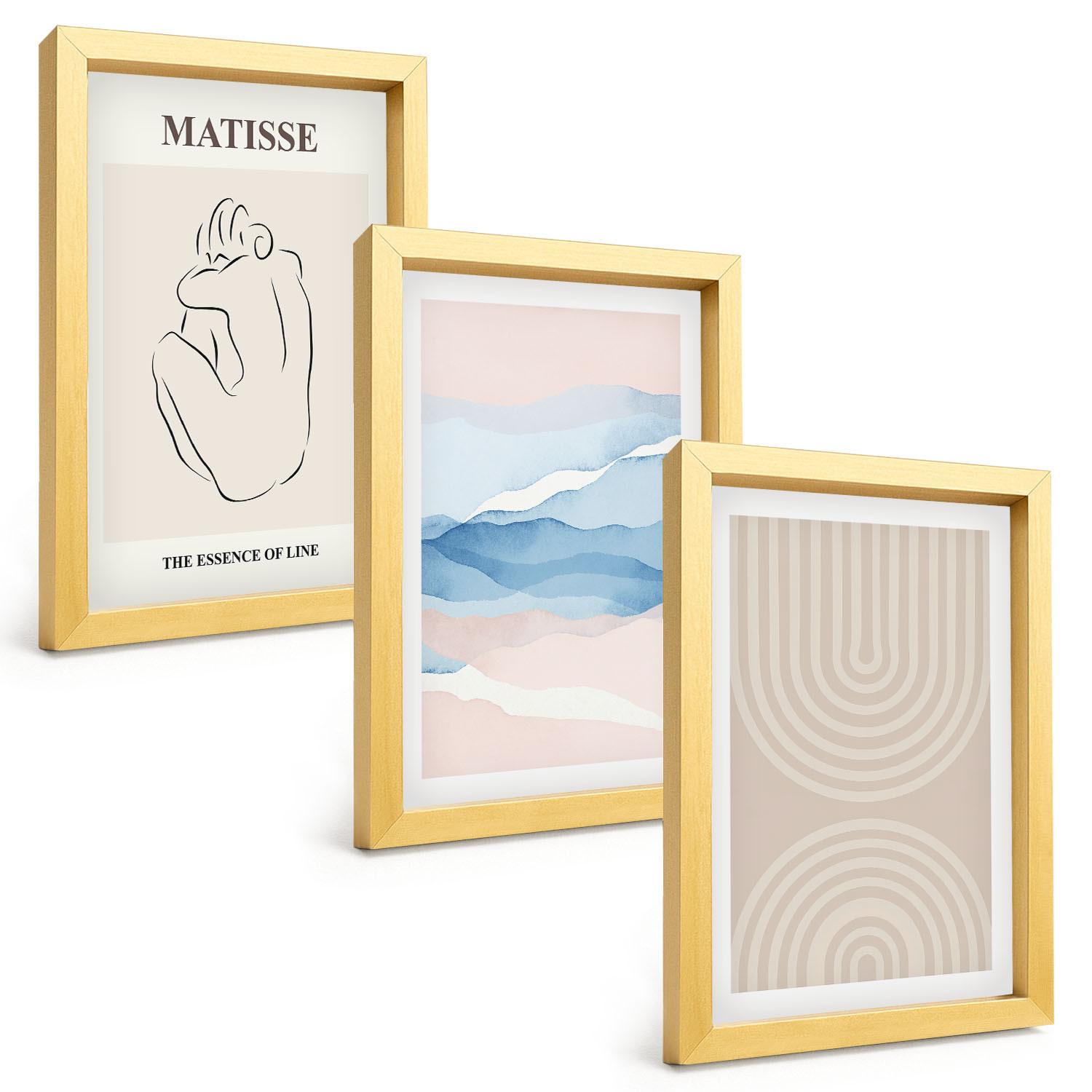 BILDER SET 3er Set - 20x30 cm Goldrahmen - Linien, Wellen, pastellfarbener Minimalismus - Goldfarben, Kunststoff (20/30cm) - TULUP