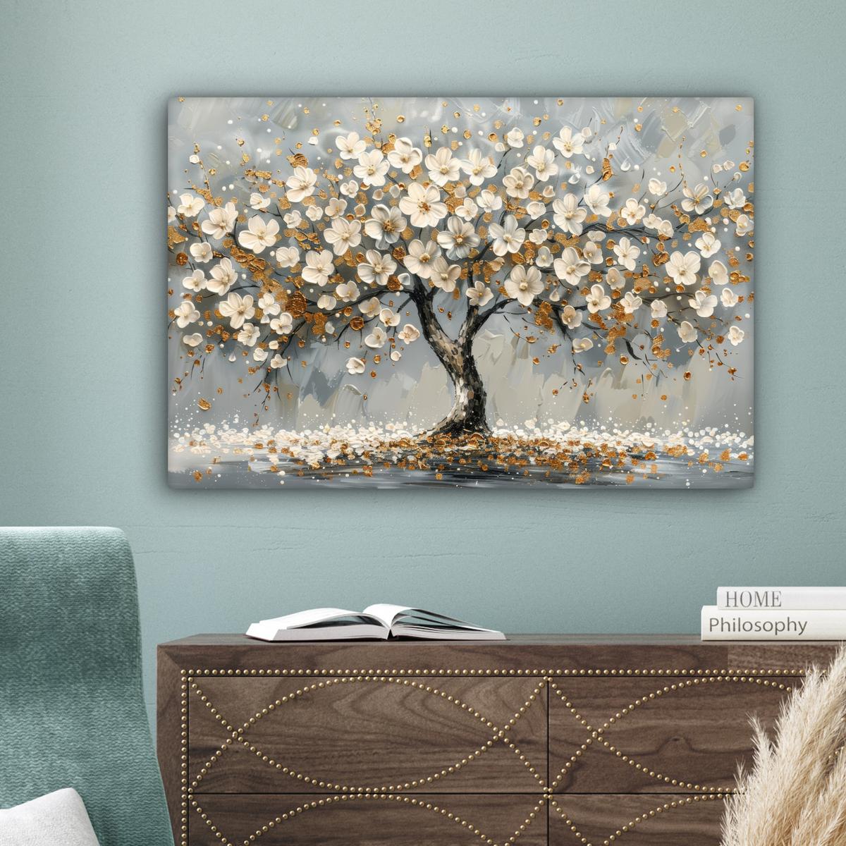 LEINWANDBILD Baum - Blumen - Weiß - Natur - Kunst Gemälde 60x40 cm - Weiß, Textil (60/40cm) - MuchoWow