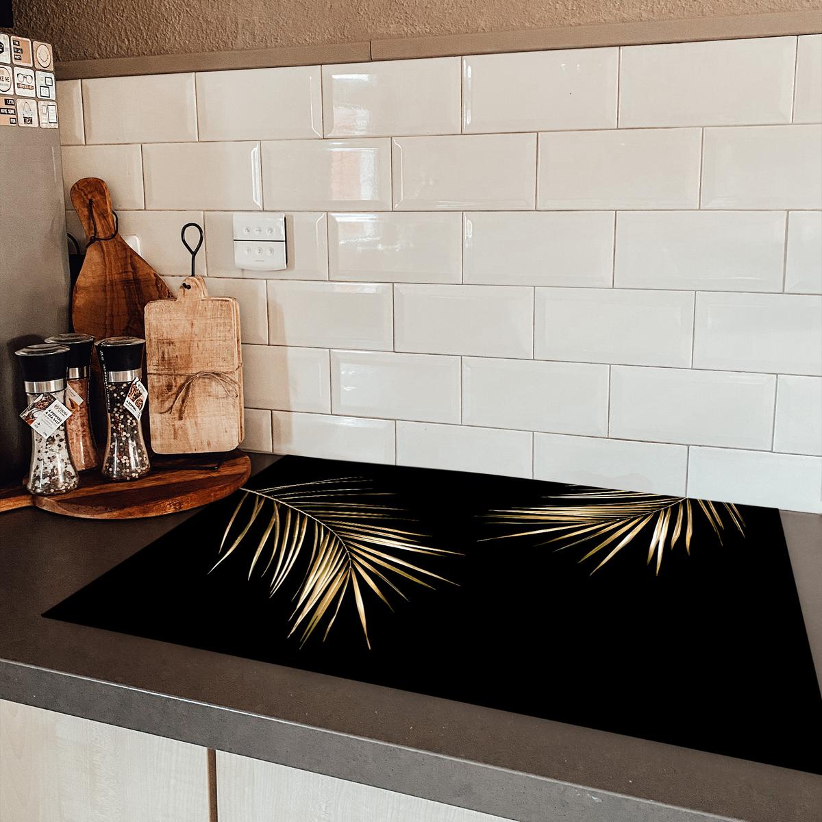 HERDABDECKPLATTE Blätter - Pflanzen - Gold - Schwarz - Luxus Ceranfeldabdeckung 78x52 cm - Goldfarben, Kunststoff (78/52/0.2cm) - MuchoWow