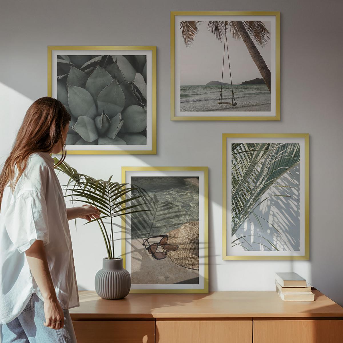 BILDER SET 4er Set - 50x50 cm & 40x60 cm Goldrahmen - Tropische Pflanzen für den Urlaub - Goldfarben, Kunststoff (50/50cm) - TULUP