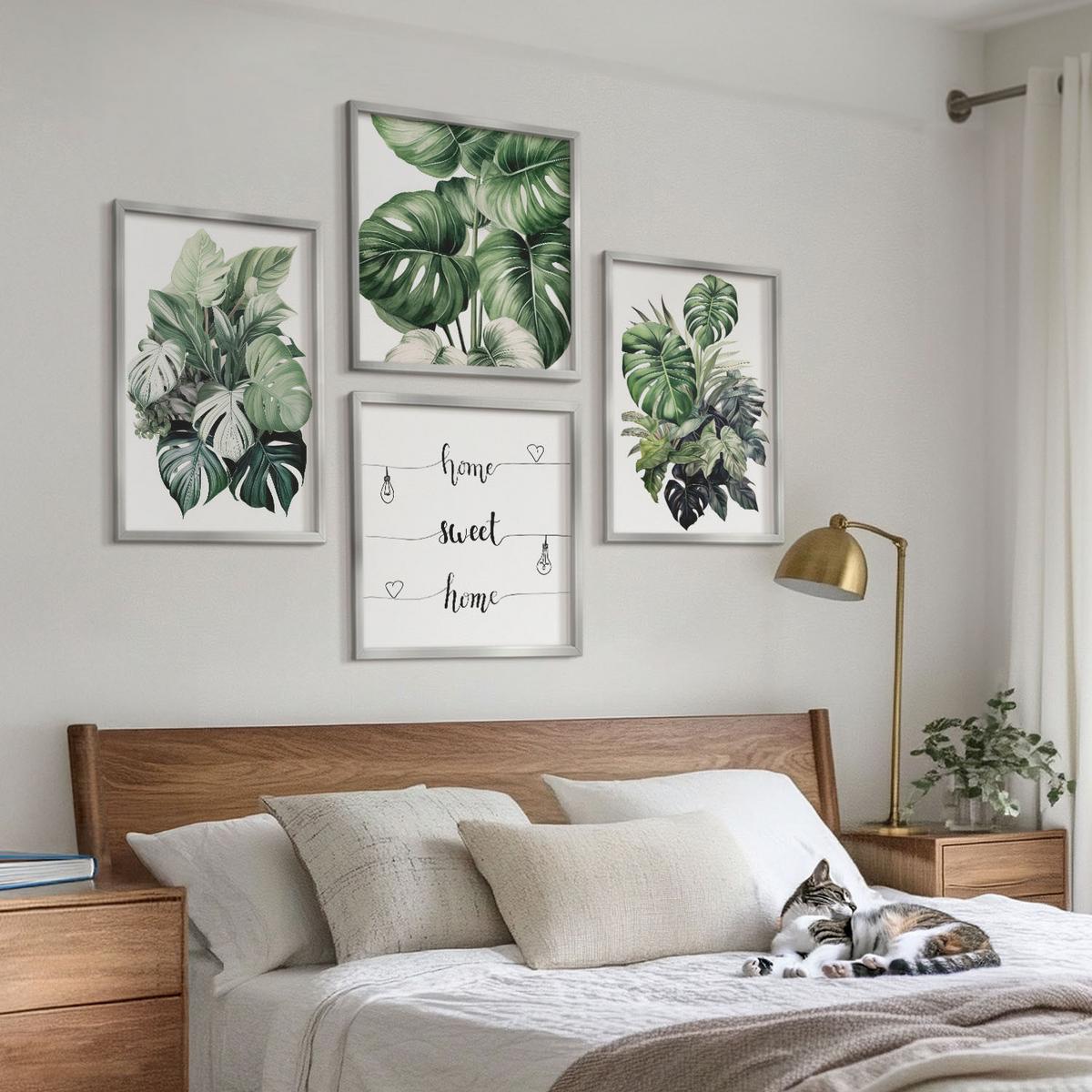 BILDER SET 4er Set - 50x50 cm & 40x60 cm Silberner Rahmen - Aquarell von grünen tropischen Blättern - Silberfarben, Kunststoff (50/50cm) - TULUP