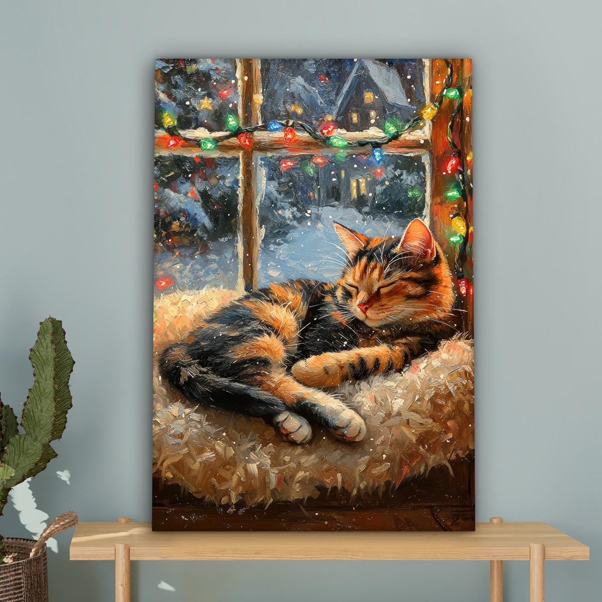 LEINWANDBILD Katze - Weihnachten - Winter - Tier Wanddeko Schlafzimmer 60x90 cm - Bernsteinfarben, Textil (60/90cm) - MuchoWow