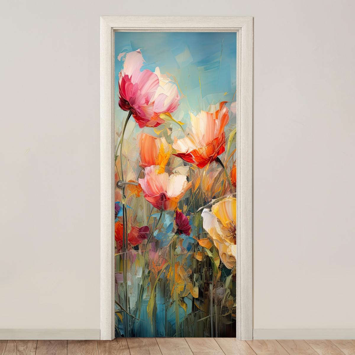 TÜRAUFKLEBER Blumen - Aquarell - Kunst - Botanisch - Natur 80x215 cm - Türtapete - Orange, Kunststoff (80/0.1cm) - MuchoWow