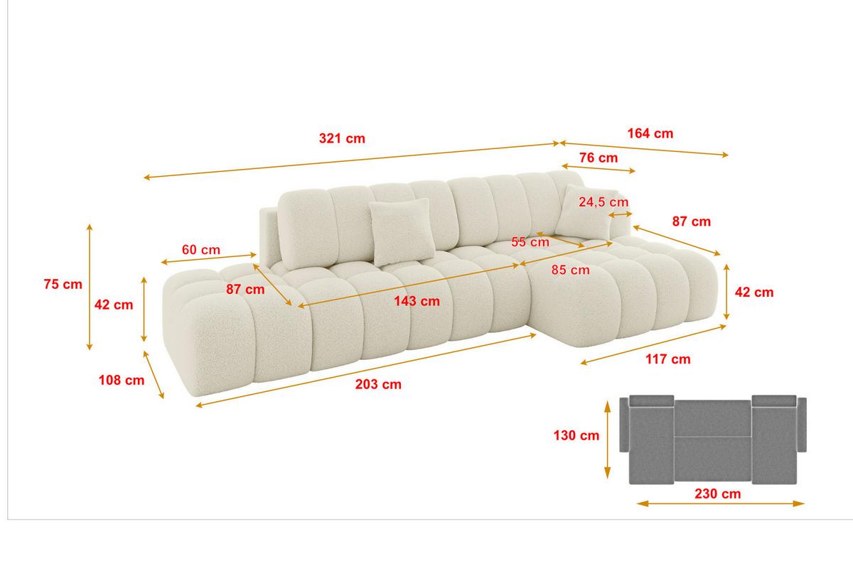 ECKSOFA mit Schlaffunktion Ottomane RECHTS OLEA-L2 321x164x75 Beige Bouclé - Beige/Schwarz, Holzwerkstoff/Kunststoff (164/321cm) - ALTDECOR