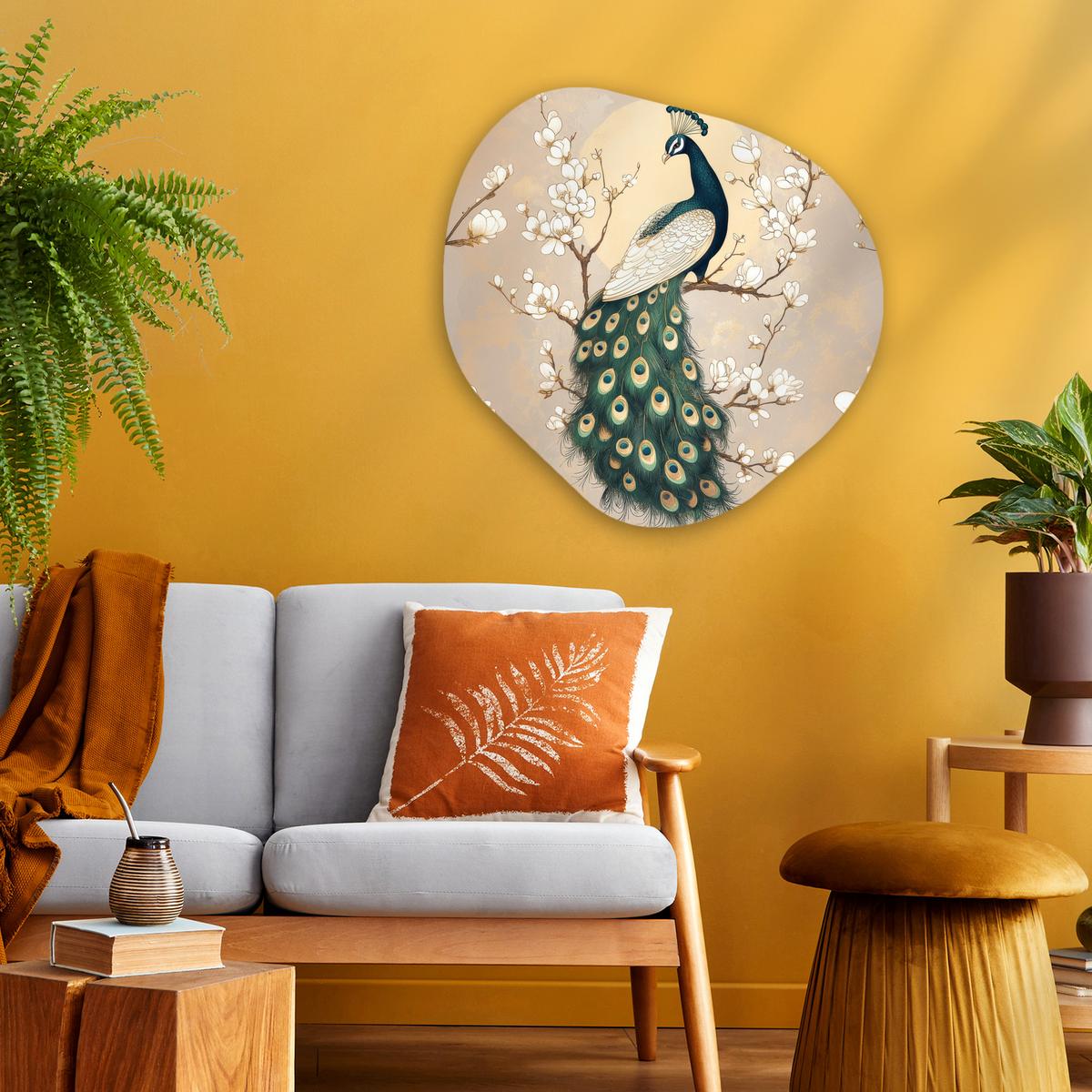 WANDBILD Pfau - Zweig - Blumen Wandbild 60x60 cm - Champagner, Kunststoff (60/60cm) - MuchoWow