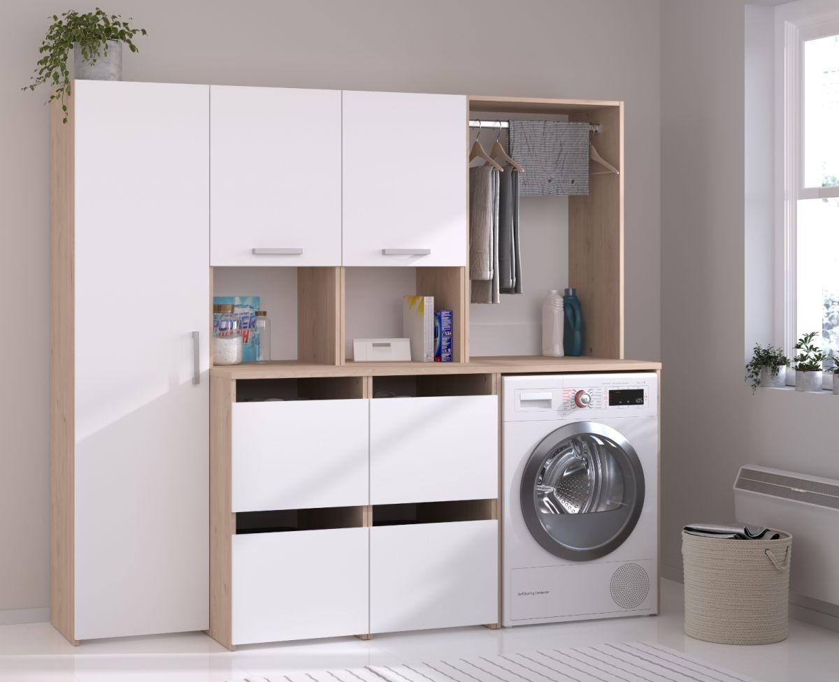 WASCHMASCHINENSCHRANK weiß, Eiche Jackson, Umbauschrank Set 3-teilig 204 cm mit viel Stauraum - Eichefarben/Silberfarben, Holzwerkstoff/Kunststoff (204/184/67cm) - Parisot Meuble