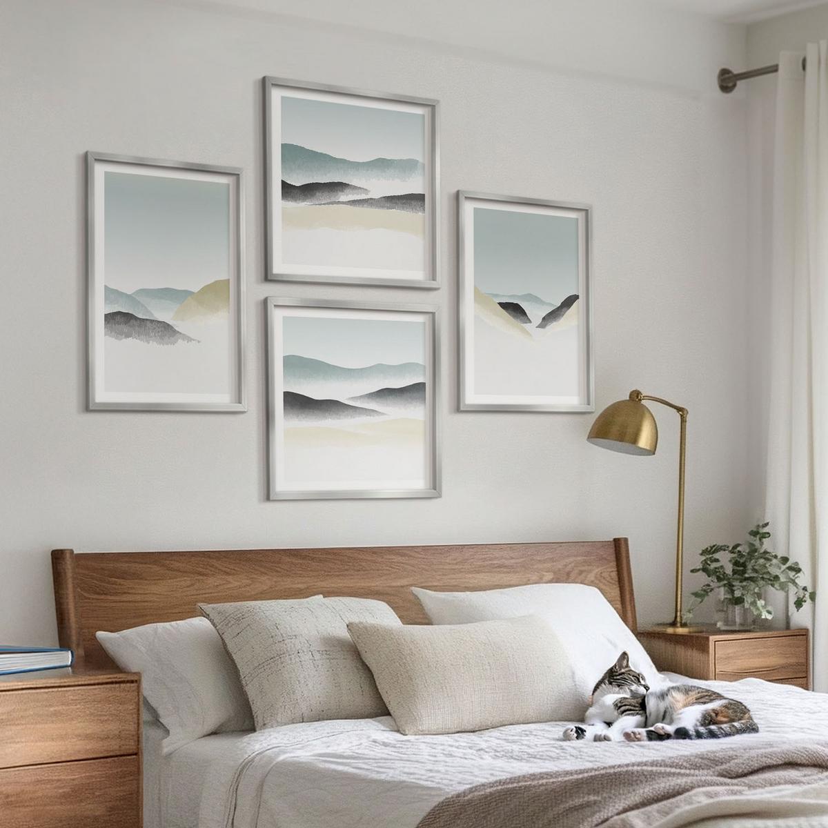 BILDER SET 4er Set - 50x50 cm & 40x60 cm Silberner Rahmen - Berge minimalistische Pastellfarben - Silberfarben, Kunststoff (50/50cm) - TULUP
