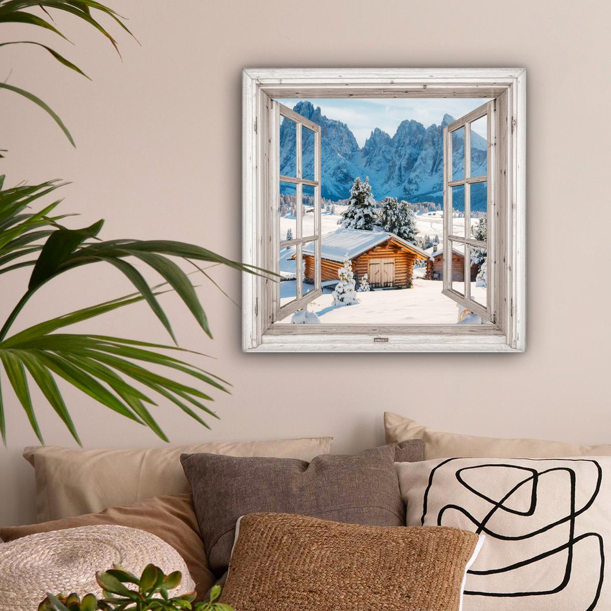 LEINWANDBILD Winterlandschaft - Hütte - Berge - Ausblicke - Aussicht - Natur Wandbild Wohnzimmer 50x50 cm - Weiß Hochglanz, Textil (50/50cm) - MuchoWow