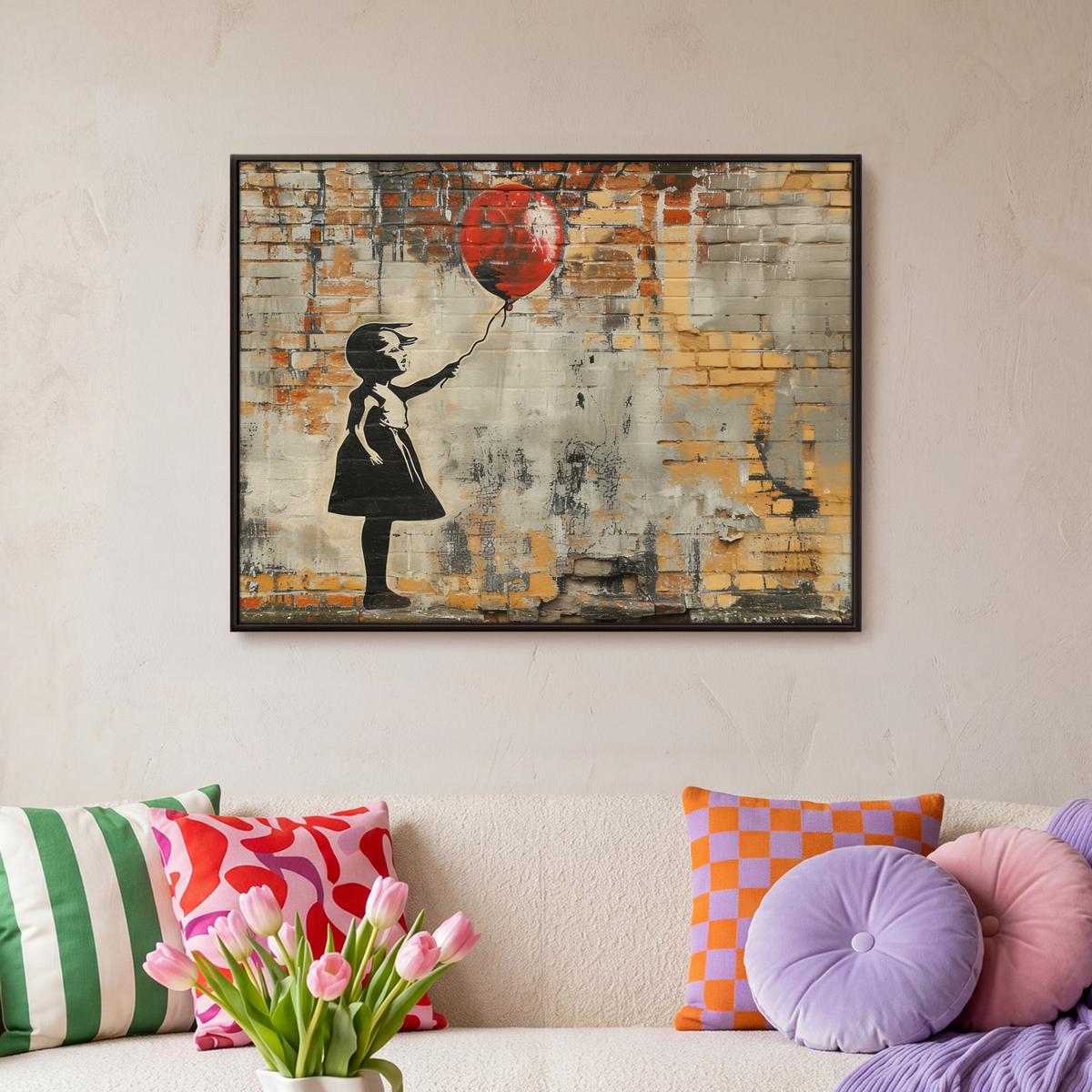 LEINWAND Bilder mit Rahmen - Graffiti - Banksy - Mädchen - Straßenkunst - 70x50 - Sandfarben, Textil (70/50cm) - MuchoWow