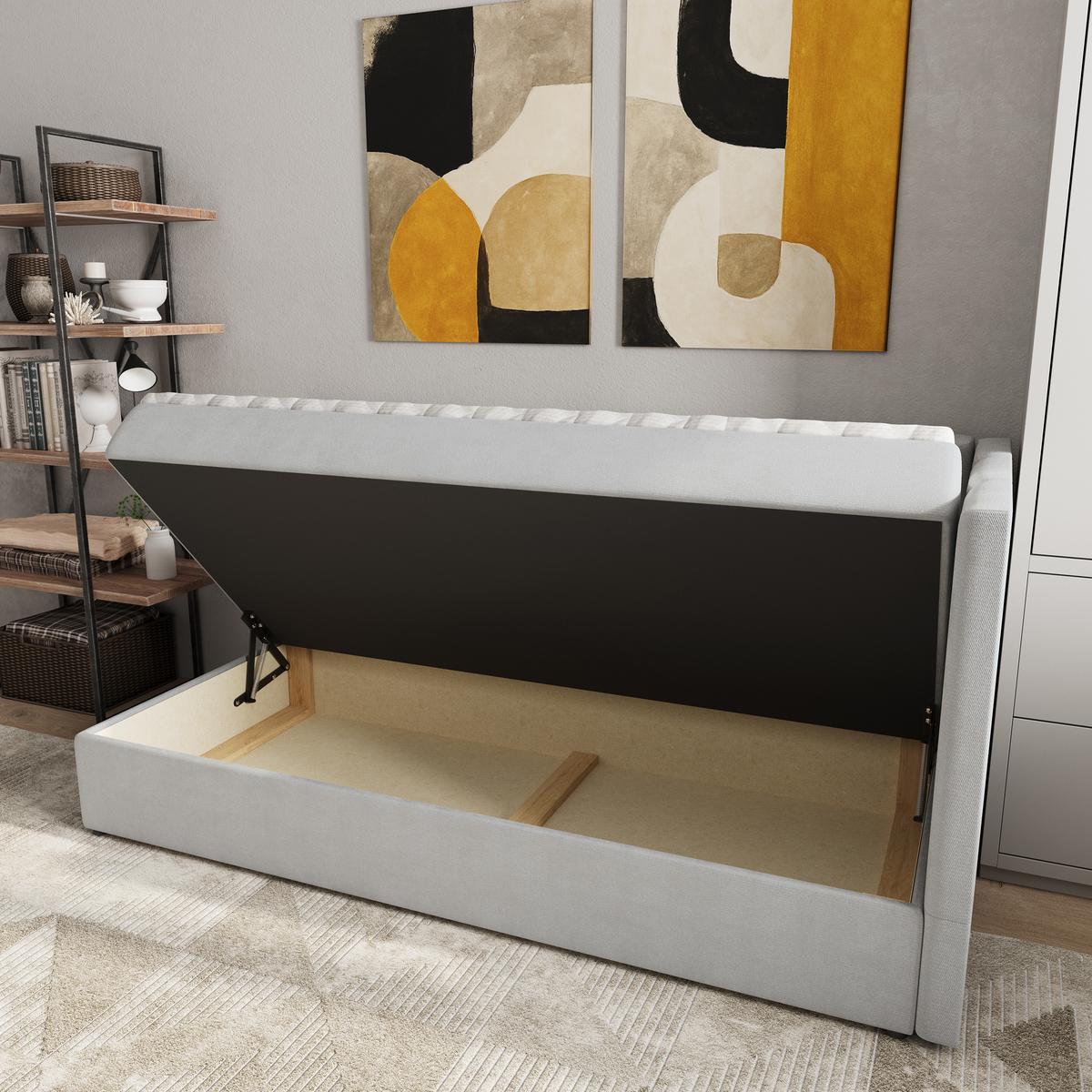 BOXBETT BEVE 90x200 cm mit Matratze und Topper, H2+H3 - Hellgrau - Hellgrau, Holz (90/200cm) - MASSENO