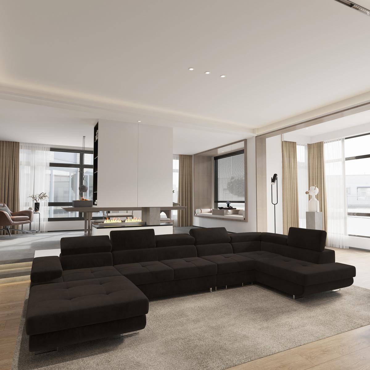 WOHNLANDSCHAFT VELORA R-S Braun Velours-Stoff mit Schlaffunktion - Braun, Holz (419/90/202cm) - MASSENO