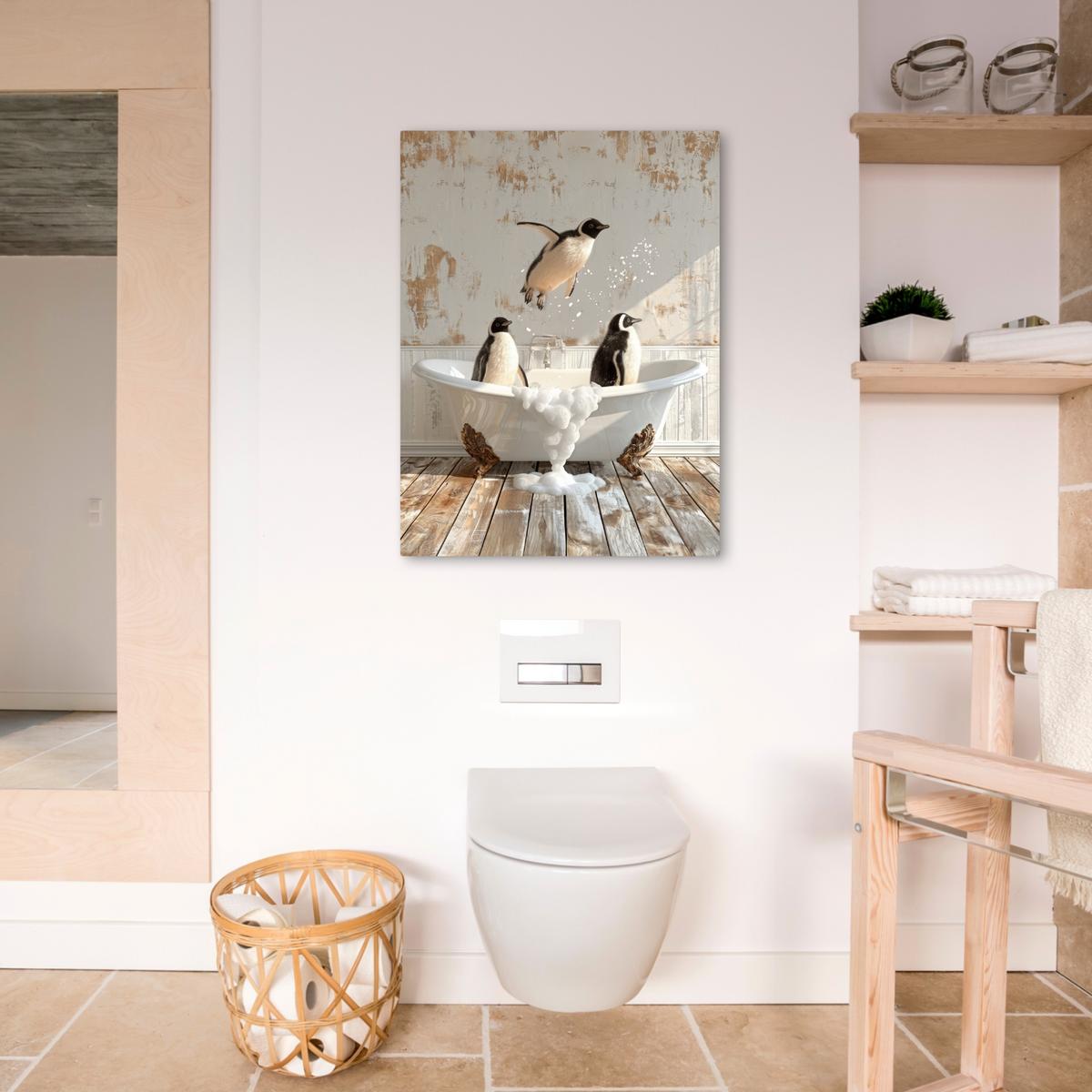 LEINWANDBILD Vintage - Pinguin - Badewanne - Schaumstoff Wandbild Wohnzimmer 50x70 cm - Schwarz, Textil (50/70cm) - MuchoWow