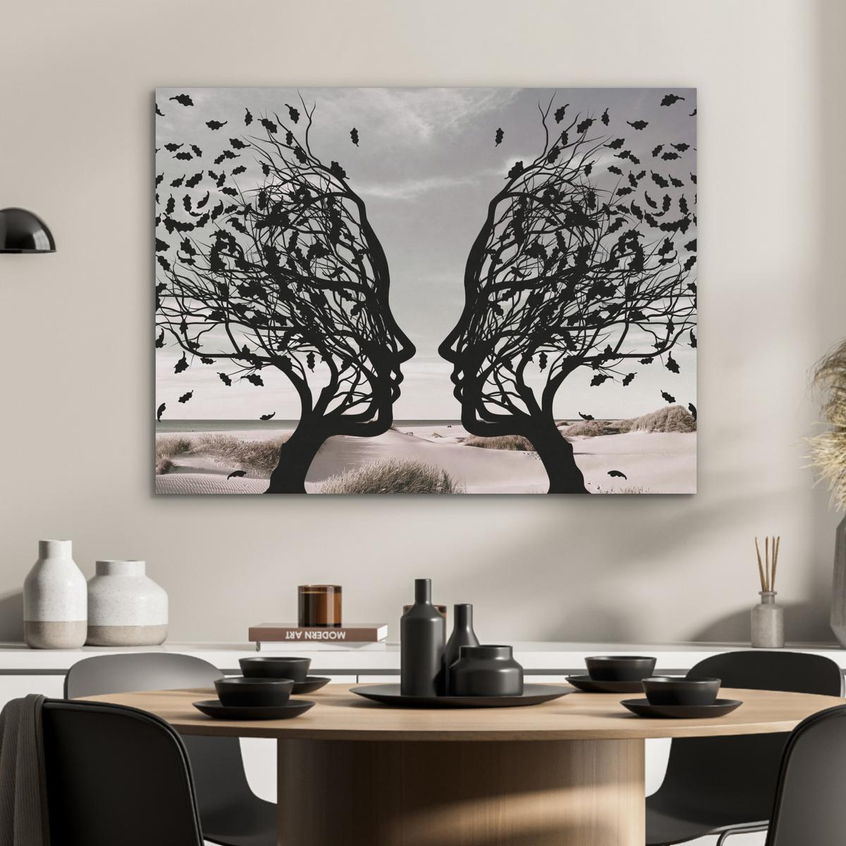 AKUSTIKBILD Strand - Meer - Menschen - Baum - Moderne Kunst Gemälde 80x60 cm - Hellgrau, Kunststoff (80/60/0.9cm) - MuchoWow
