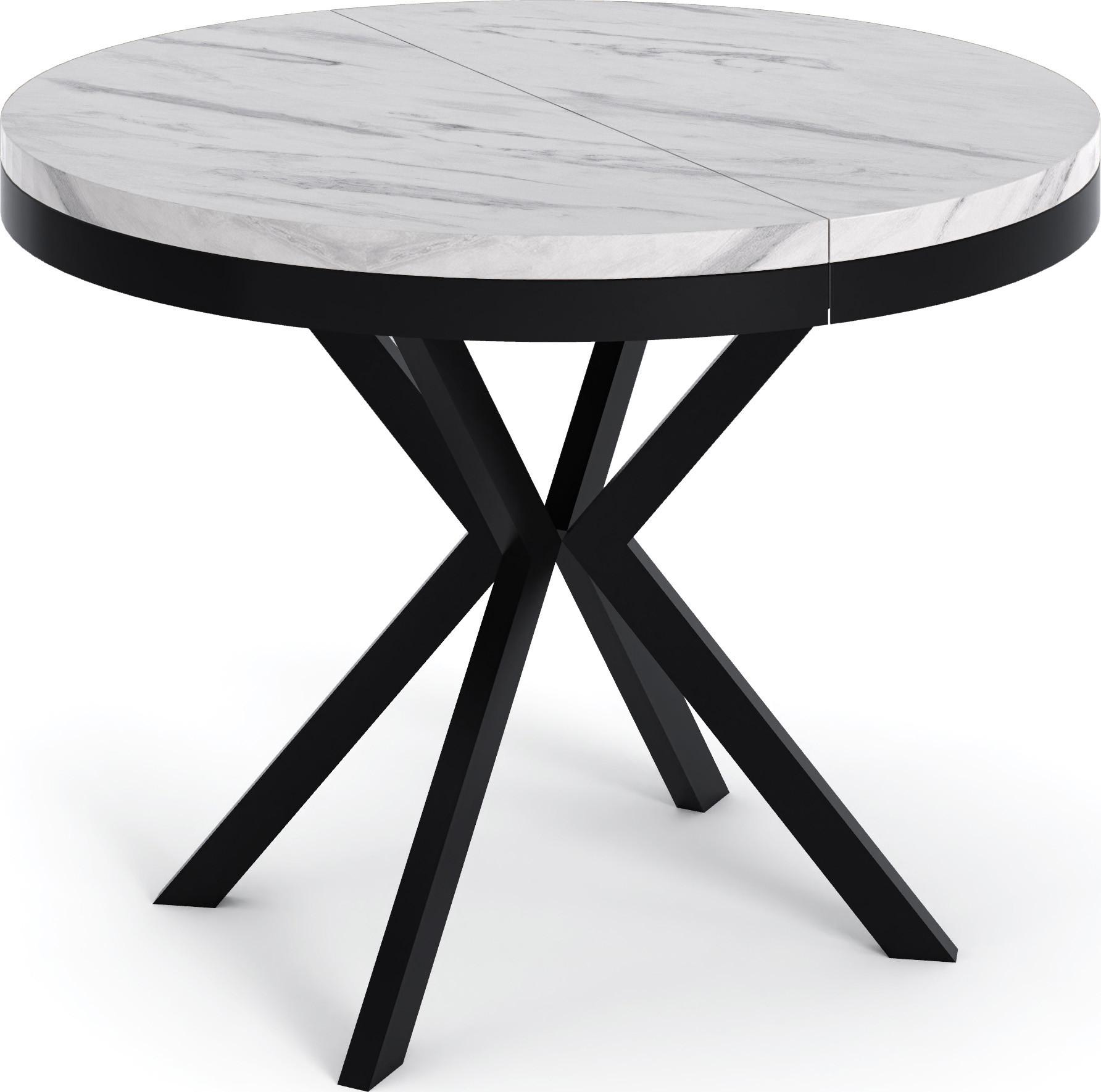 ESSTISCH Ross runder ausziehbarer, Marmor Weiß 120-200/120/76 cm - Ecru/Schwarz, Holzwerkstoff/Metall (120/200/76cm) - WFL GROUP