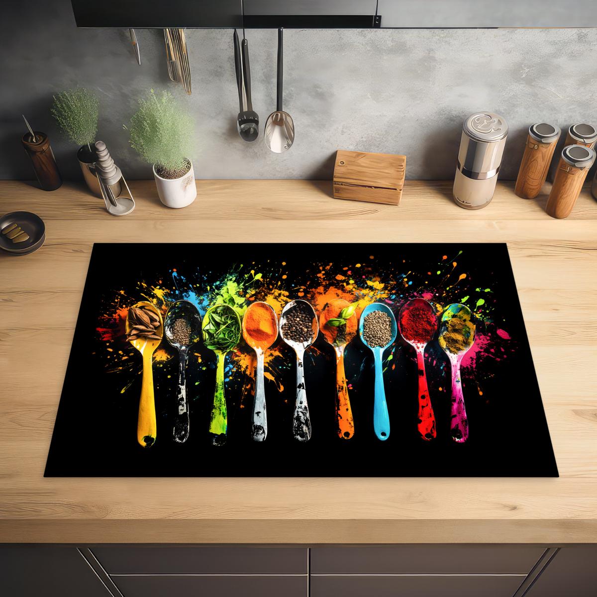 HERDABDECKPLATTE Löffel - Gewürze - Modern - Graffiti - Farbe - Farbenfroh Induktionsmatte 81x52 cm - Multicolor, Kunststoff (81/52/0.2cm) - MuchoWow