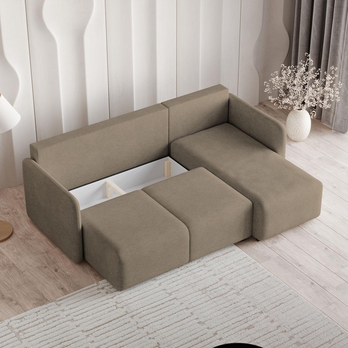ECKSOFA SUVINO Braun Geflochtener Stoff mit Schlaffunktion - Braun, Holz (230/143cm) - MASSENO