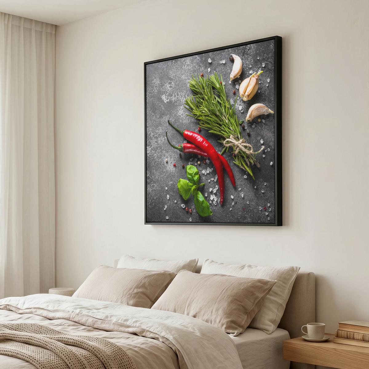 LEINWAND Bilder mit Rahmen - Pfeffer - Kräuter - Gewürze - Beton - 90x90 - Dunkelgrau, Textil (90/90cm) - MuchoWow