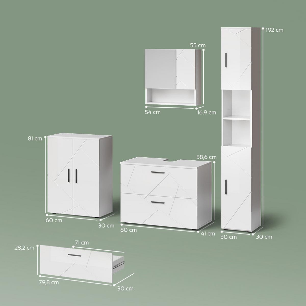 BADMÖBEL-SET Ronco Weiß Hochglanz 4 Teile, mit Schubladenschrank und Midischrank - Weiß Hochglanz, Holzwerkstoff (80/58/41cm) - Livinity®
