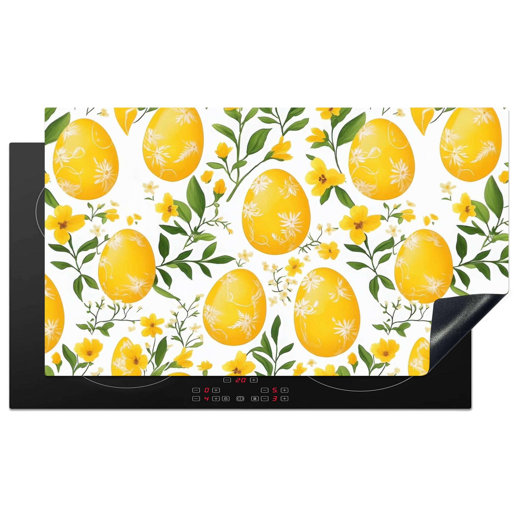 HERDABDECKPLATTE Blumen - Ostereier - Gelb Induktionsschutz 91.2x52 cm - Gelb, Kunststoff (91.2/52/0.2cm) - MuchoWow