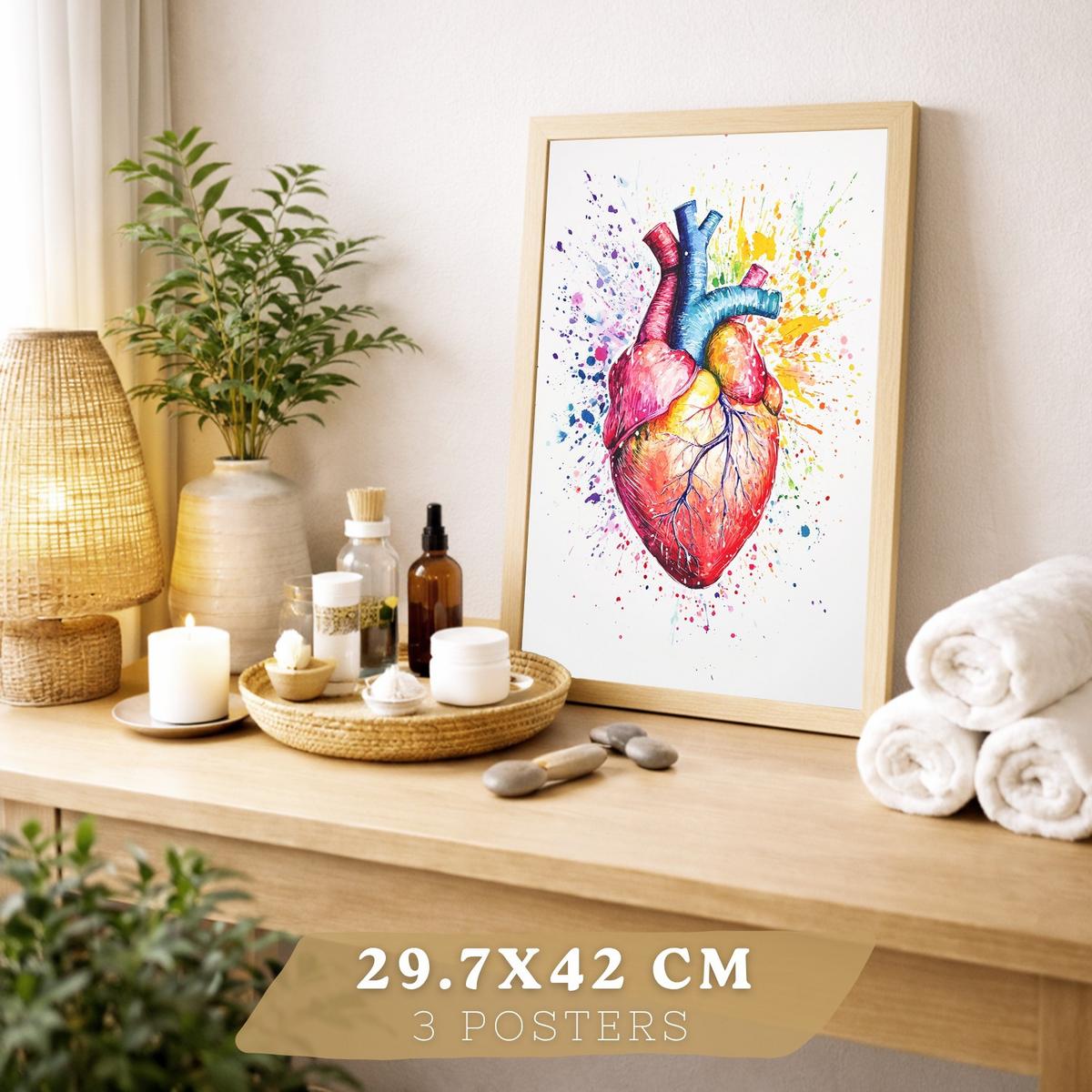 POSTER Set aus 3 Anatomie Mensch Drucke und Wandbilder mit Gehirn Herz Rippen Wirbelsäule Lebendiges Aquarell Design Größe Leichter Holzrahmen A3 - Beige, Papier (29.7/42/3cm) - Nacnic
