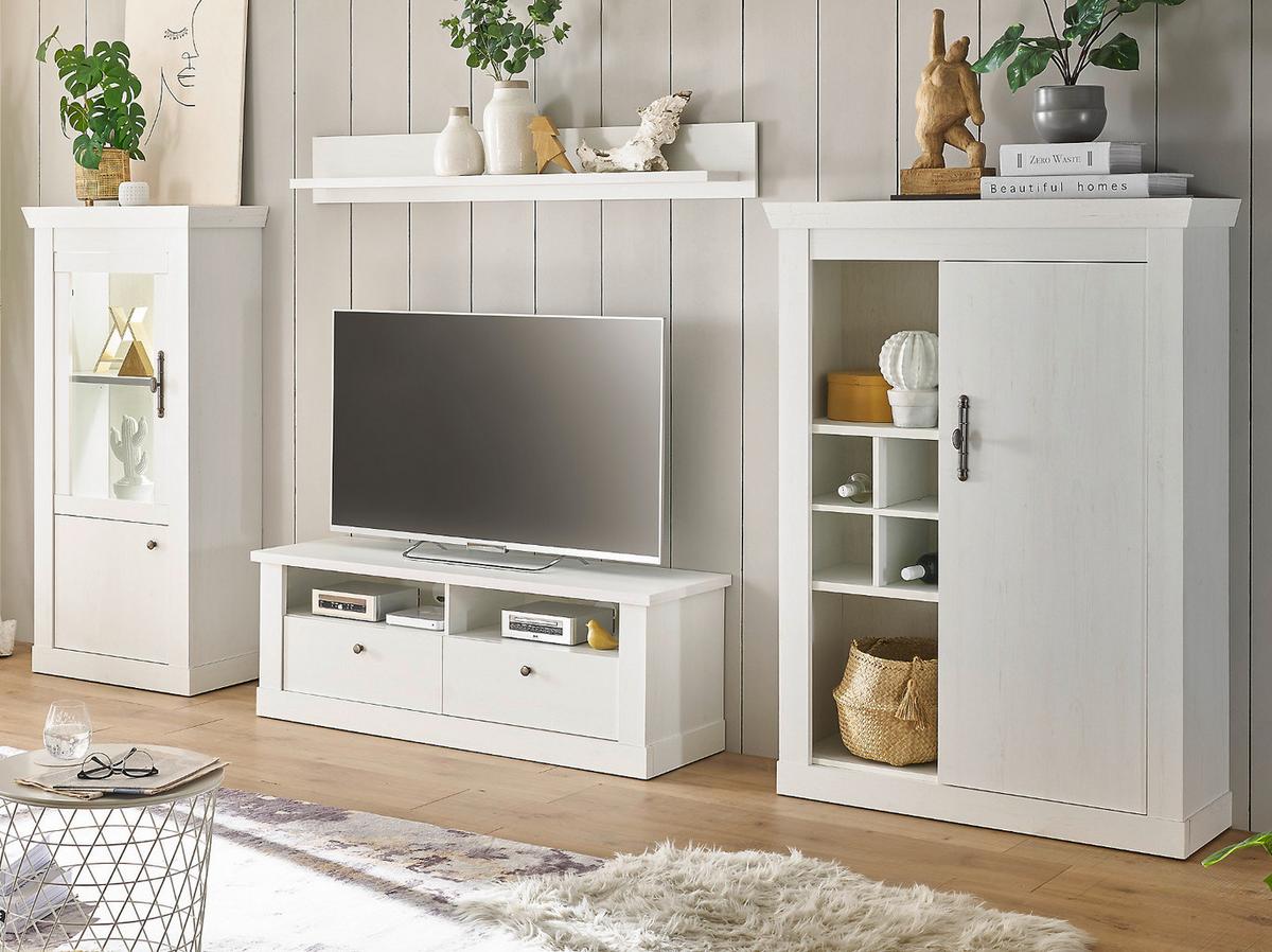 WOHNWAND weiß Pinie Landhaus, Wohnkombination 4-teilig, Soft-Close-Funktion - Silberfarben/Weiß, Holzwerkstoff/Metall (334/170/45cm) - Furn.Design