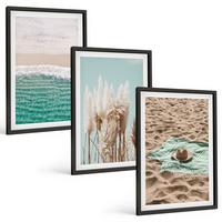 BILDER SET 3er Set - 40x60 cm Schwarzer Rahmen - Strandwellen Grashut - Schwarz, Kunststoff (40/60cm) - TULUP