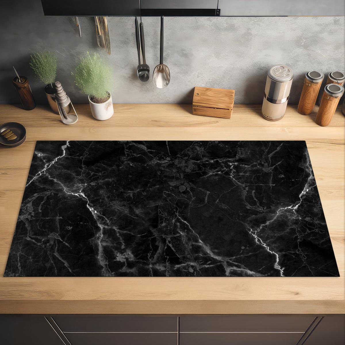 HERDABDECKPLATTE Marmor - Schwarz - Weiß - Textur - Marmoroptik Induktionsschutz 91.6x52.7 cm - Silberfarben, Kunststoff (91.6/52.7/0.2cm) - MuchoWow