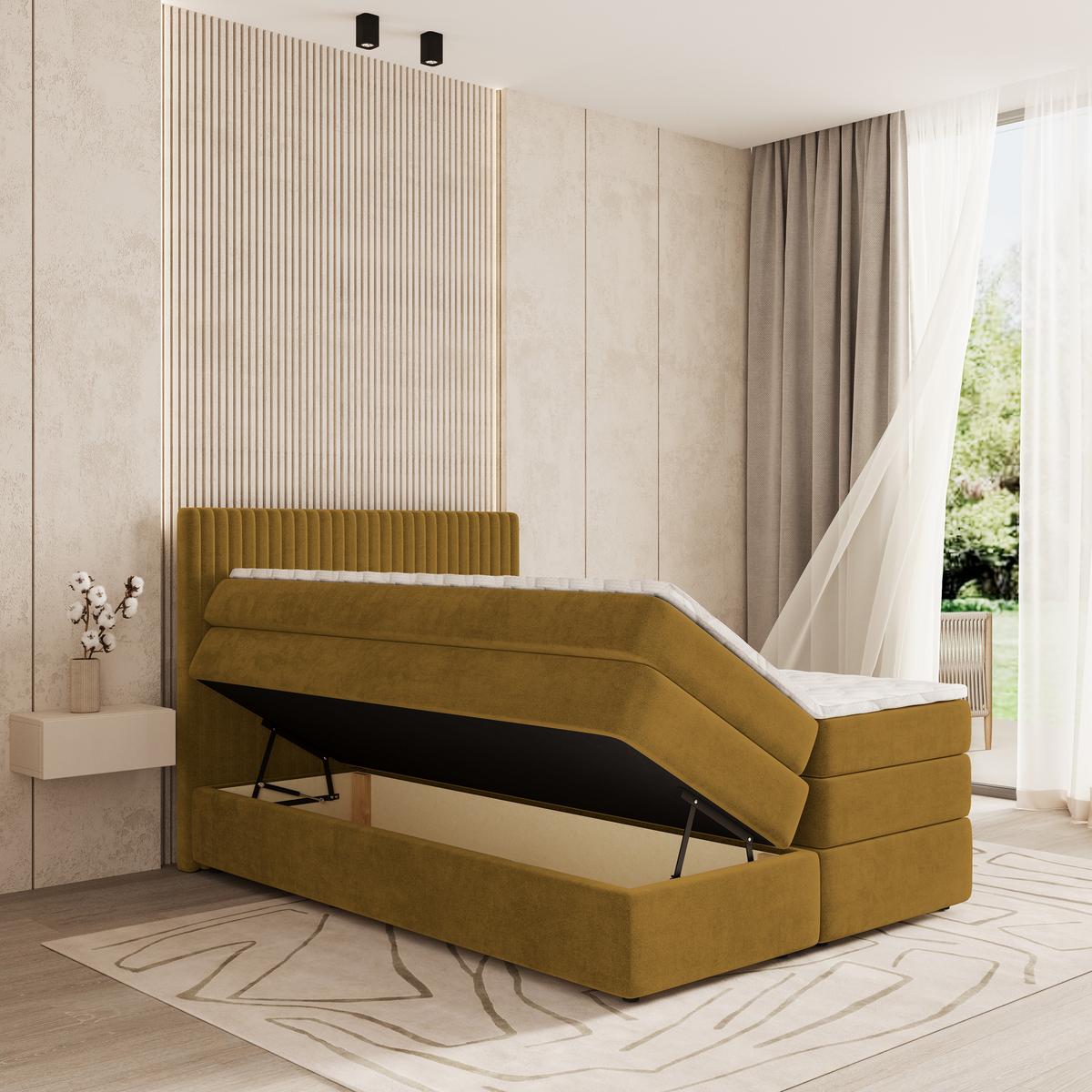 BOXSPRINGBETT FELBIO 140x200 cm mit Matratze und Topper - Gelb - Gelb, Holz (140/200cm) - MASSENO