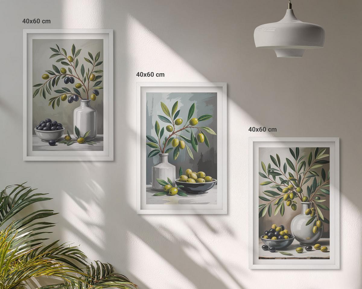 BILDER SET 3er Set - 40x60 cm Weißer Rahmen - Keramik olivgrau - Weiß, Kunststoff (40/60cm) - TULUP