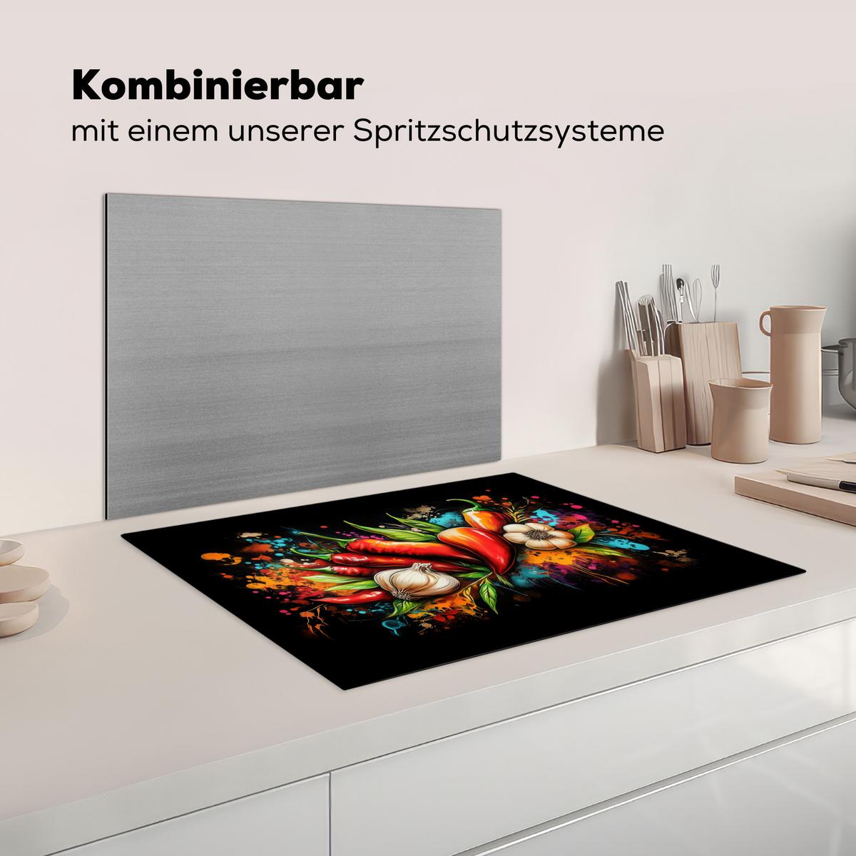 HERDABDECKPLATTE Gemüse - Paprika - Knoblauch - Graffiti - Farbe - Bunt Herdabdeckung Induktionsfeld 70x52 cm - Rot, Kunststoff (70/52/0.2cm) - MuchoWow