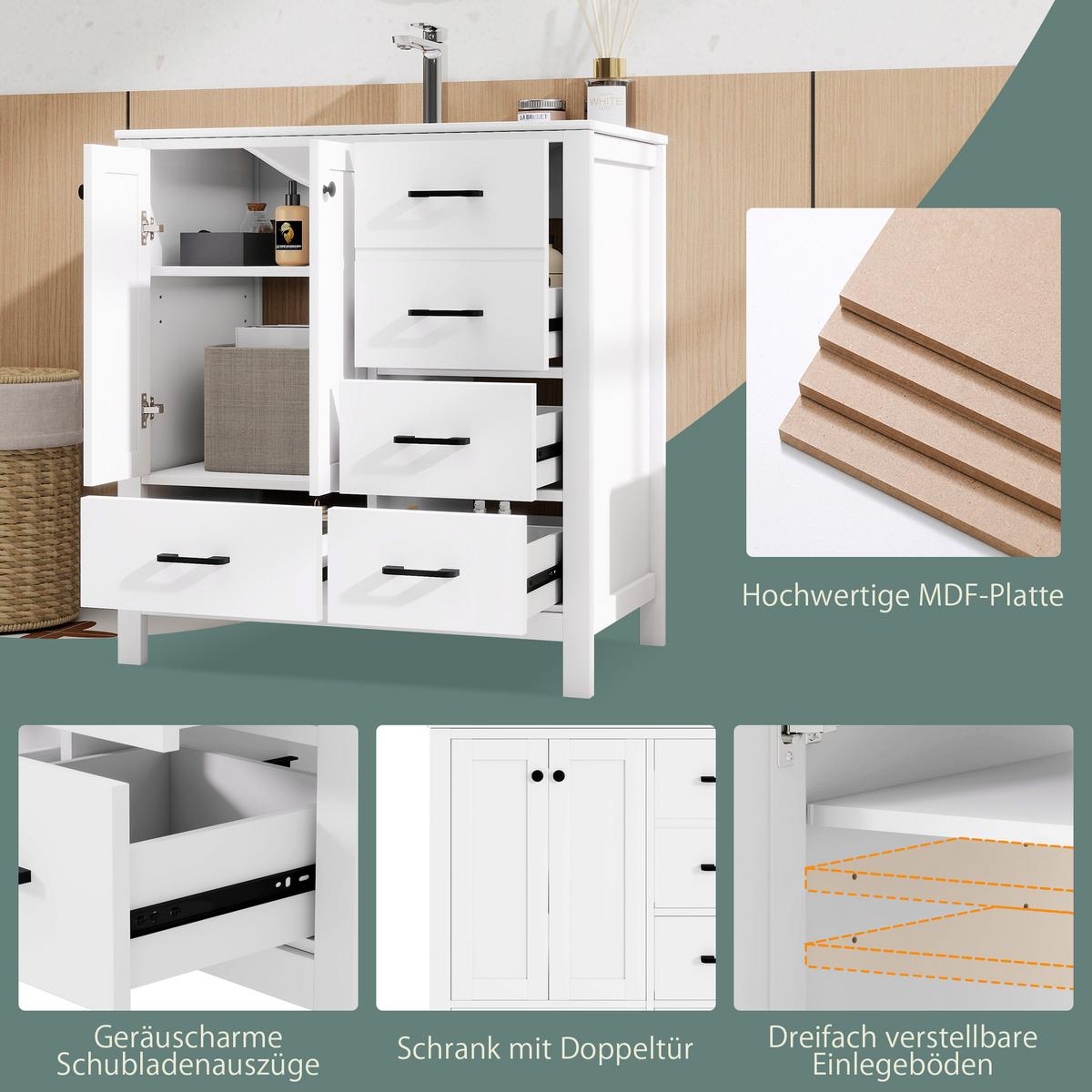 WASCHTISCH Freistehend Weiß mit Keramikbecken & 4 Schubladen - Weiß, Holzwerkstoff (76/82/46cm) - Urban Meuble