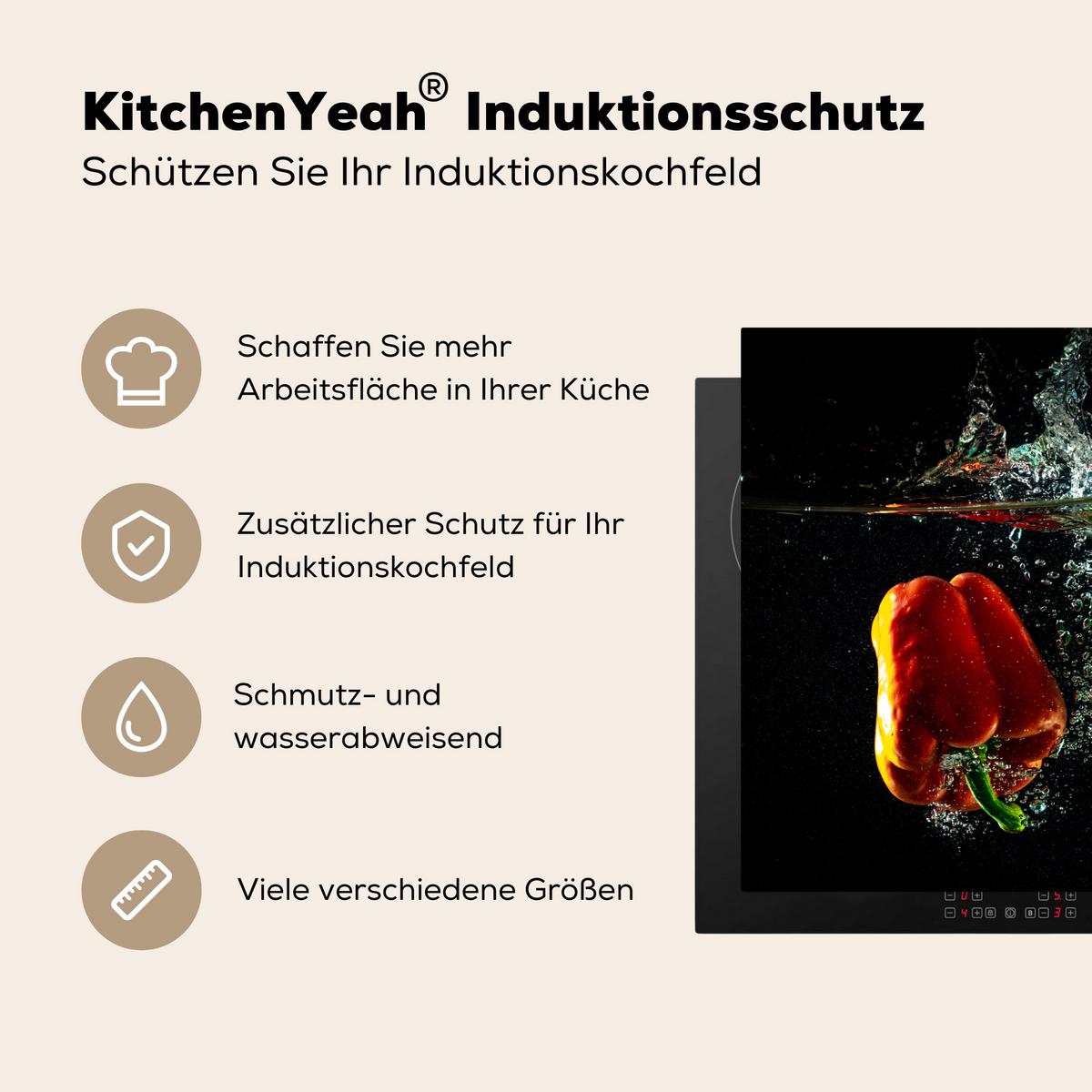 HERDABDECKPLATTE Paprika - Gemüse - Wasser - Schwarz - Rot - Grün - Gelb Induktionsschutz 81.6x52.7 cm - Multicolor, Kunststoff (81.6/52.7/0.2cm) - MuchoWow