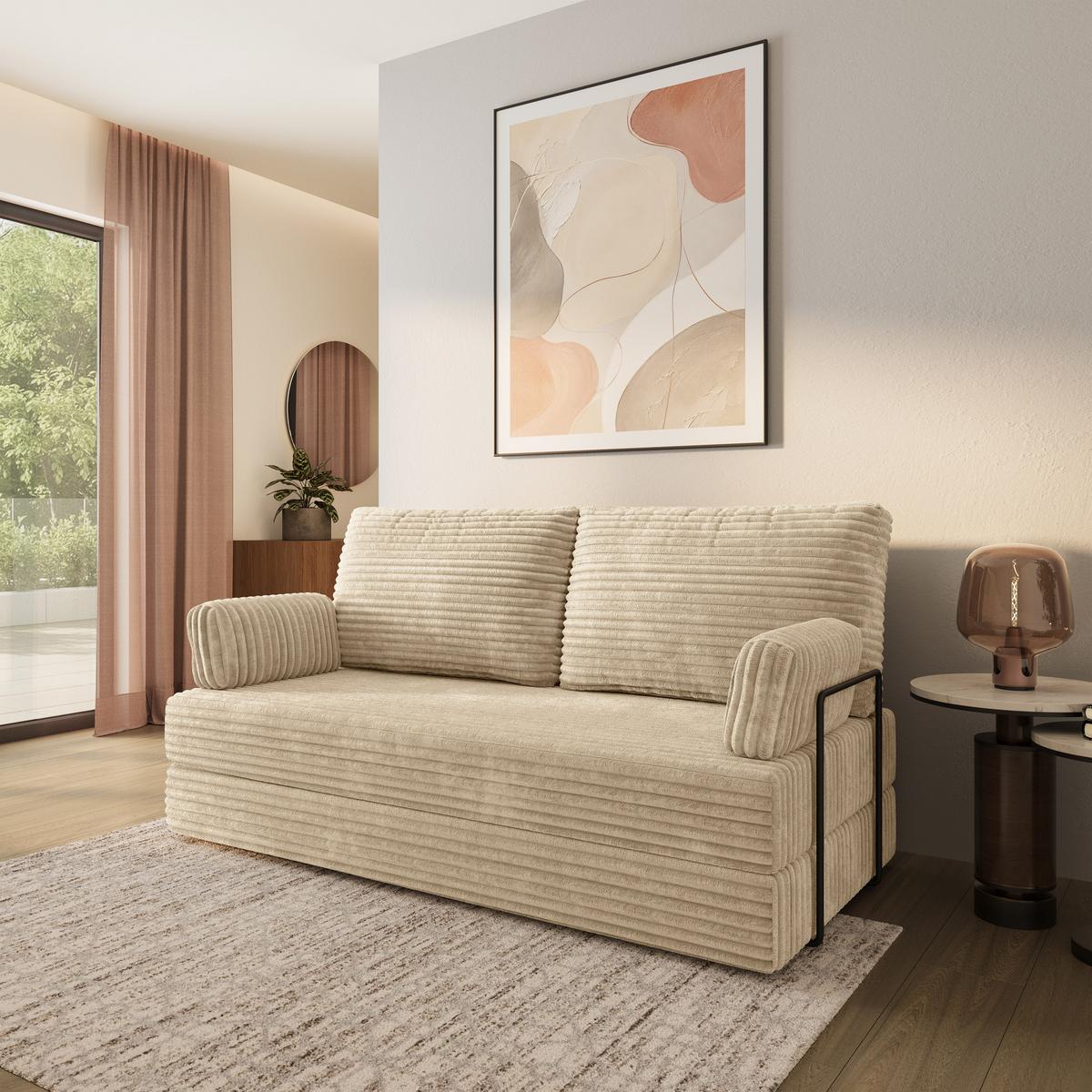 BETTSOFA SILAR aus Schaumstoff Kordstoff Creme Schlaffunktion - Creme, Textil (170/86/80cm) - MASSENO