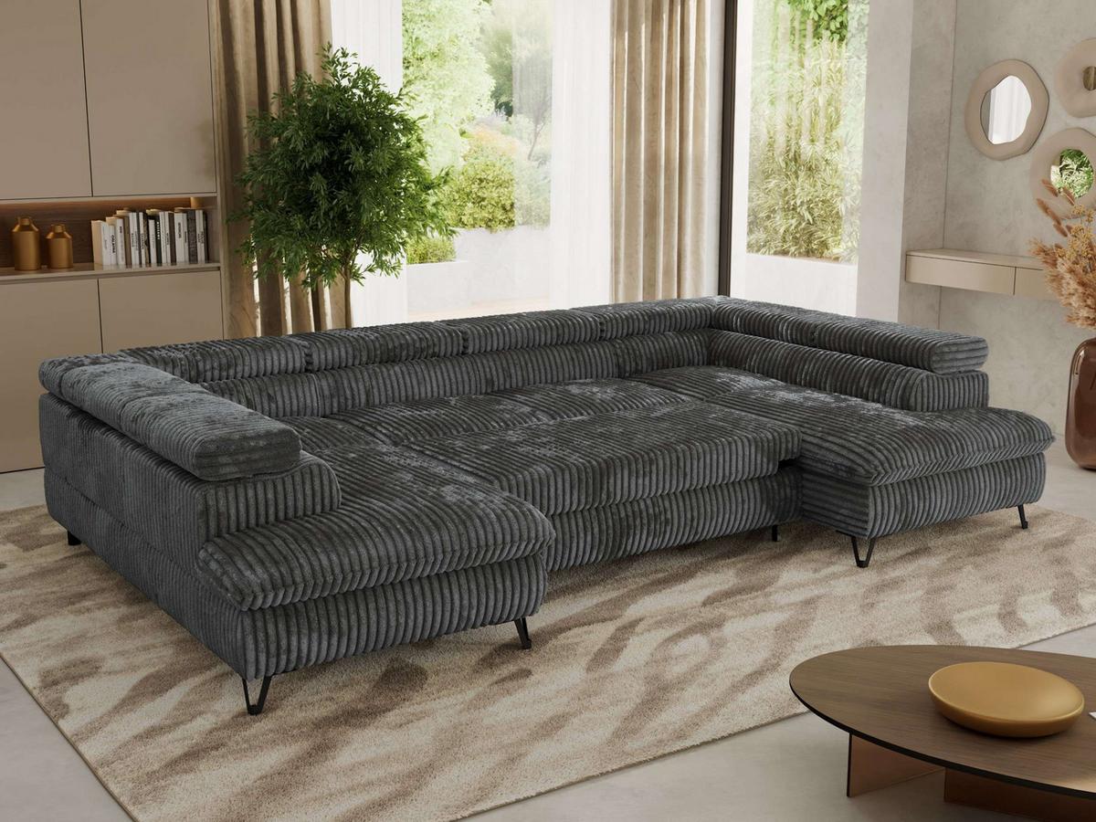 WOHNLANDSCHAFT PABLO U Cord Grau - Dunkelgrau/Schwarz, Textil/Metall (346/76/208cm) - MKS