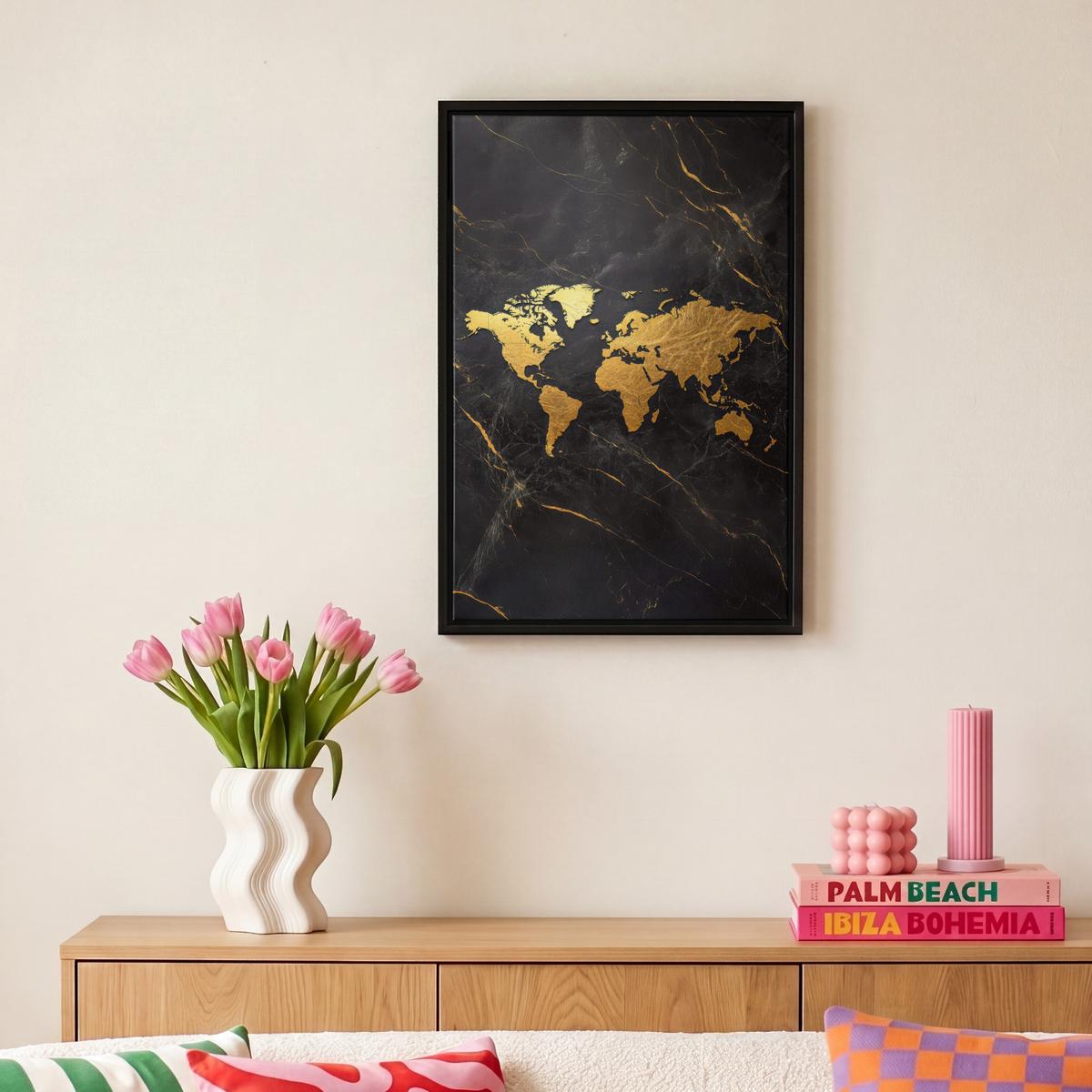 LEINWAND Bilder mit Rahmen - Weltkarte - Gold - Marmor - 20x30 - Goldfarben, Textil (20/30cm) - MuchoWow