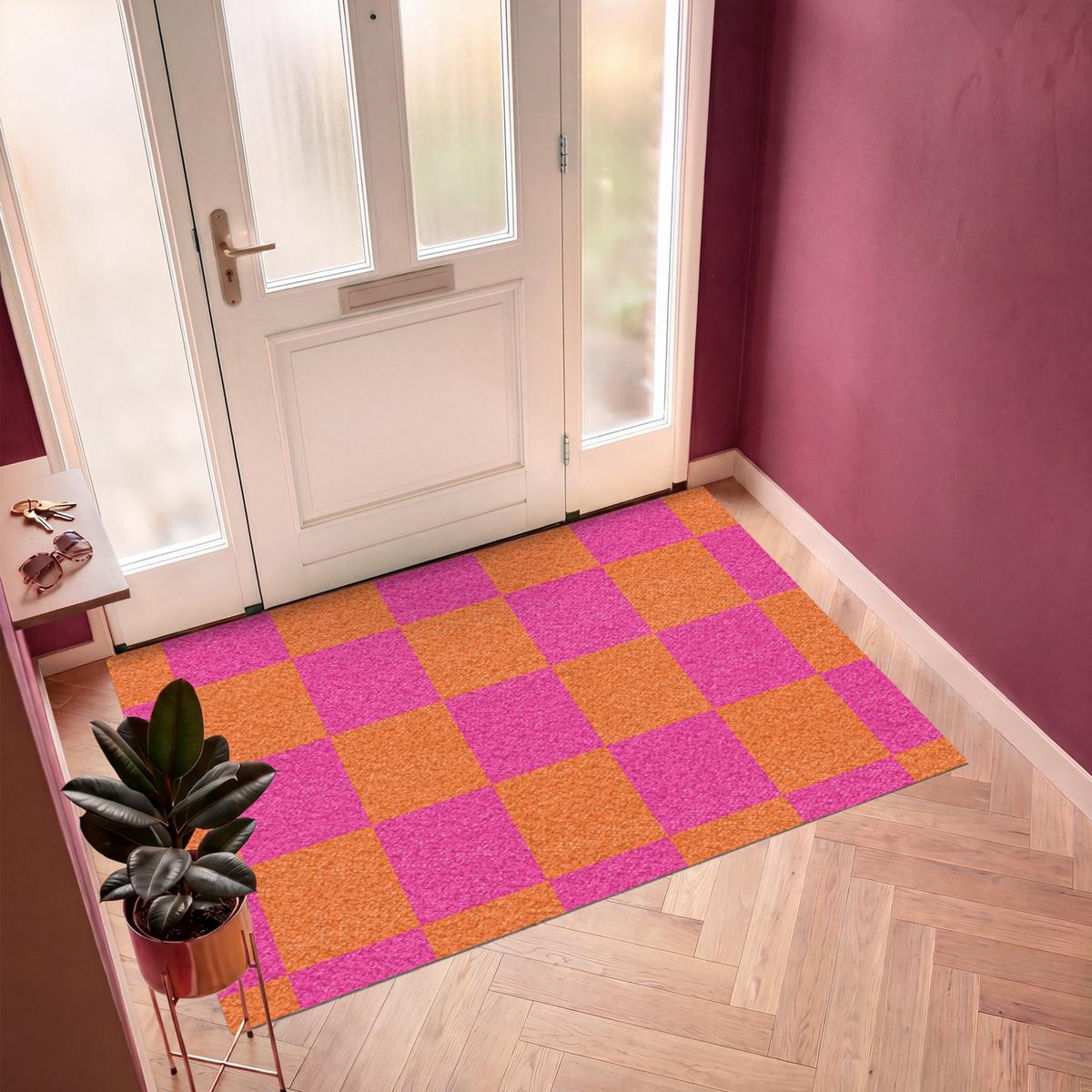 FUSSMATTE Schachbrettmuster - Orange - Rosa - Blöcke Schmutzfangmatte 180x120 cm - Pink, Kunststoff (180/0.4cm) - MuchoWow