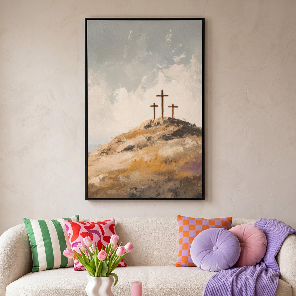 LEINWAND Bilder mit Rahmen - Hügel - Abstrakt - Christentum - Kreuz - 90x140 - Hellgrau, Textil (90/140cm) - MuchoWow