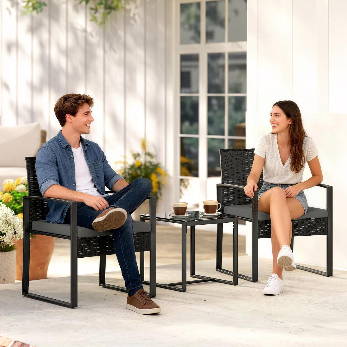 BISTROSET 3 TLG. mit 2 Gartenstühlen & Couchtisch, Dunkelgrau - Dunkelgrau/Schwarz, Textil/Metall - Outsunny