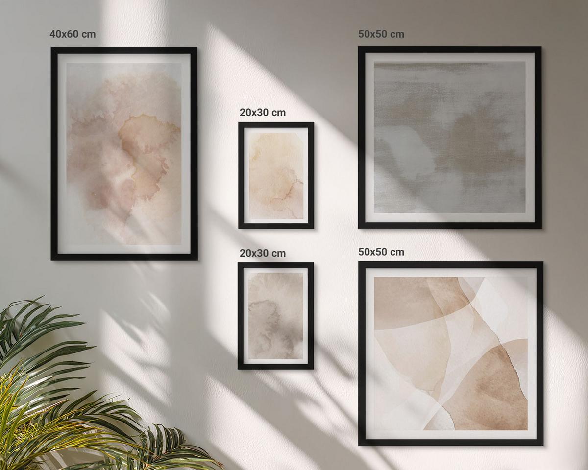 BILDER SET 5er Set - 50x50 cm & 20x30 cm & 40x60 cm Schwarzer Rahmen - Warme Aquarell-Pastelltexturen - Schwarz, Kunststoff (40/60cm) - TULUP